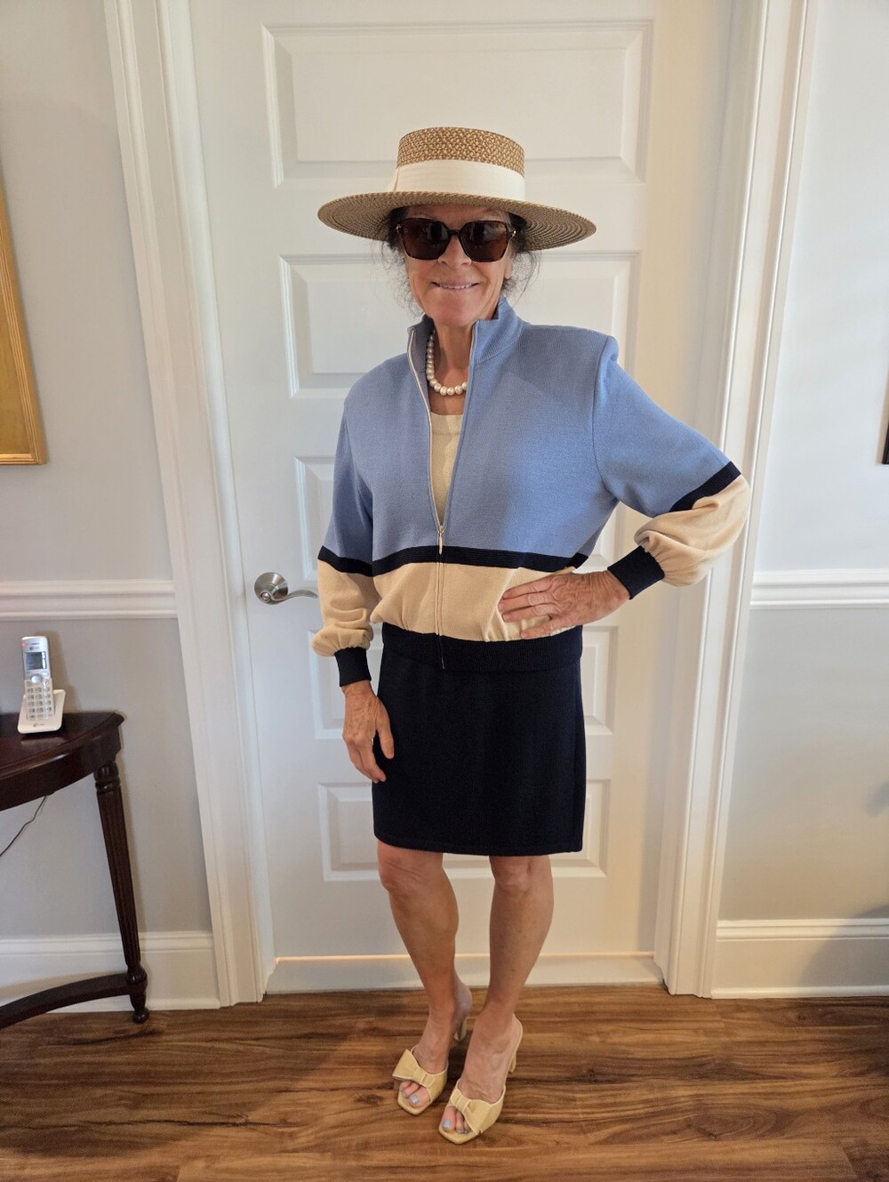 St. John Colorblock Zip-Front Knit Jacket in Lt. Blue, Cream & Dark Blue & Skirt